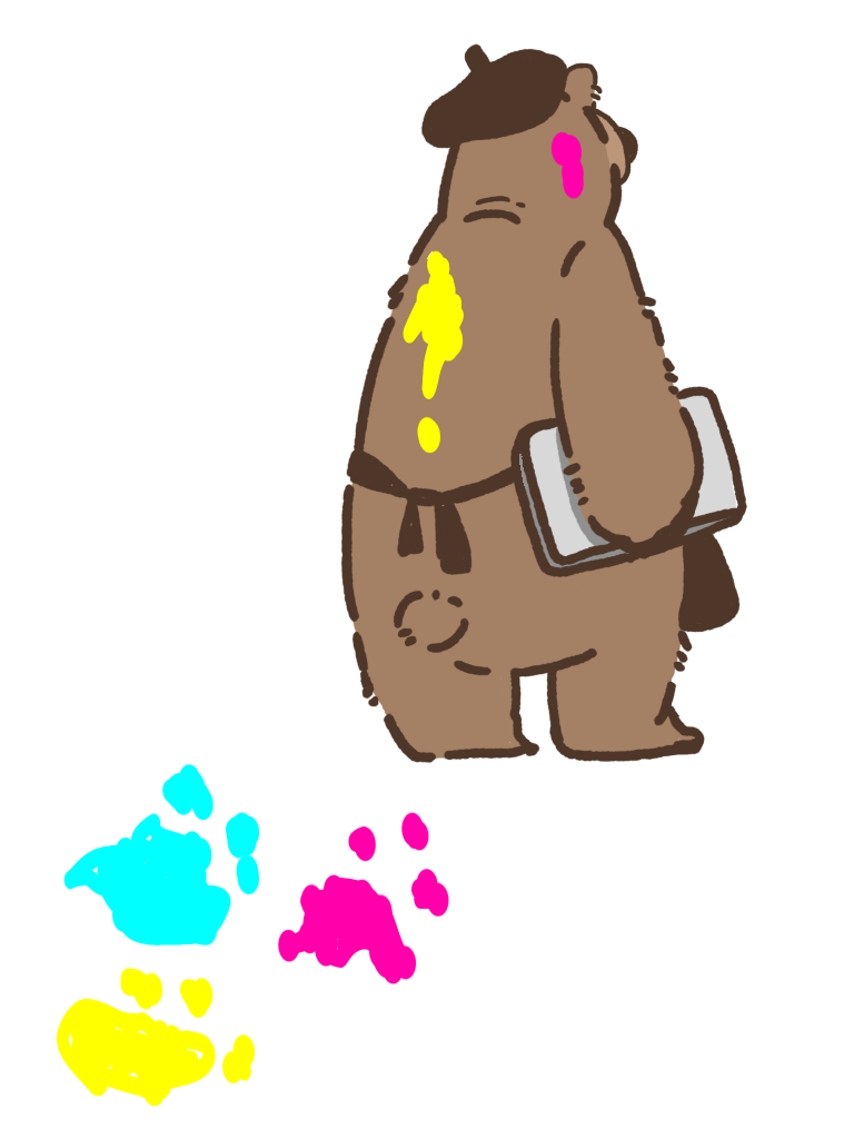 画像：画家熊の後ろ姿と色とりどりの足跡