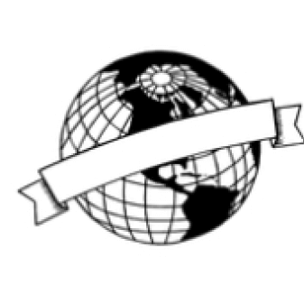アイコン：モノクロで表現された地球儀にリボンラベルが巻かれている